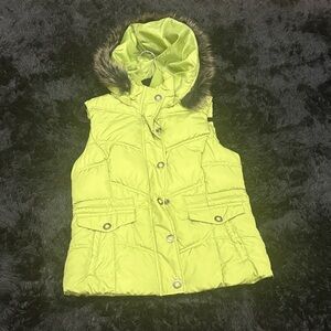 Faded Glory Lime Green Puffer Vest with Faux Fur Hood
